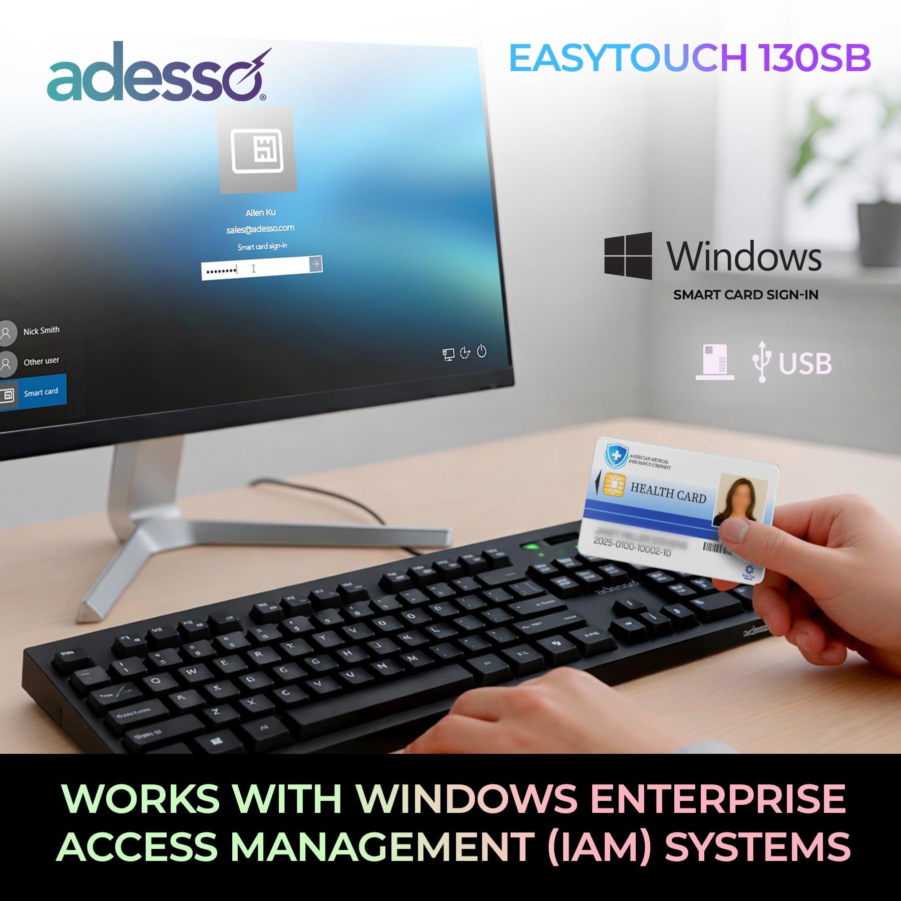 Adesso EasyTouch 130SB Wired Mechanical Keyboard with Red Switches, Built-in Smart Card Reader, Copilot AI Hotkey, 2X Large Print Keycaps, 104 Key Full Size for Windows PC