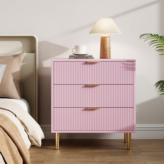 Panapinka Pink 3 Drawer Dresser for Bedroom, Modern Wood Chest of Drawers with Gold Handles and Large Storage Drawers, Organizer Cabinet for Living Room, Hallway or Entryway