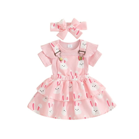 

Bagilaanoe 3Pcs Newborn Baby Girls Overalls Dress Set Short Sleeve Pullover Tops + Floral Suspender Skirt + Headband 3M 6M 12M 18M 24M Infant Casual Clothes