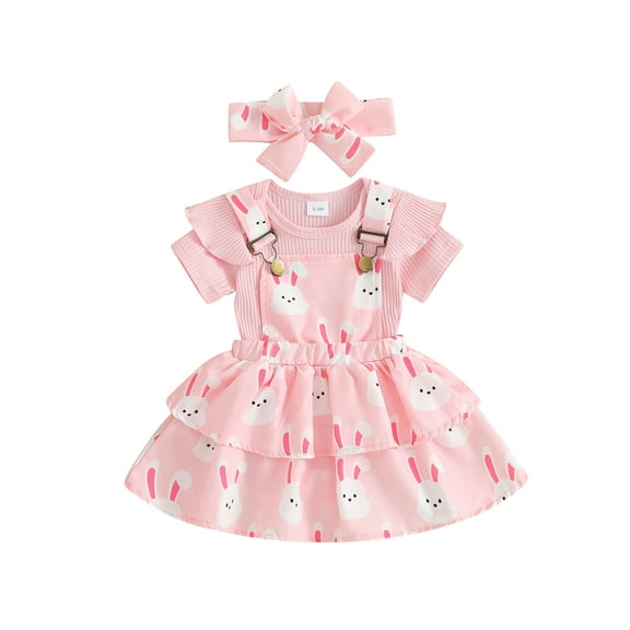Baby Girl Easter 3 Piece Outfit Short Sleeve Rompers and Suspenders Skirt Headband Summer Clothes Set