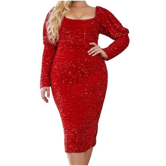 SMihono Plus Size Glitter Dress for Women Square Neck Long Sleeve Party Cocktail Dresses Elegant Sequin Slim Fit Midi Dress Red XXXL