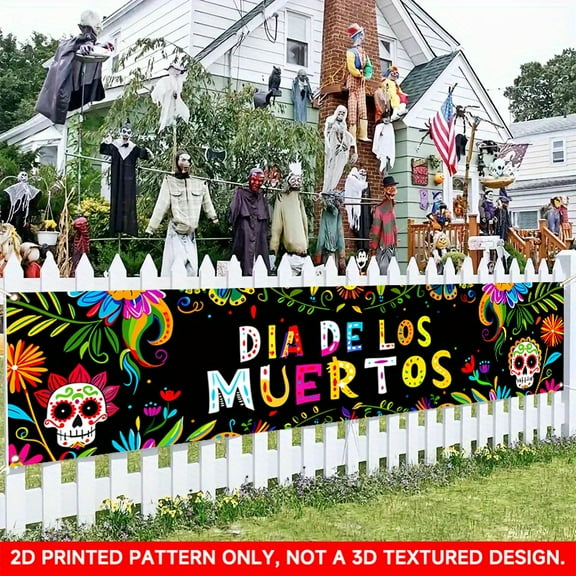 1 PC, 2D Flat/ Flat art decorative banner decoration, Day of the Dead skull design pattern, 78.8x17.7 inches (200x45cm), universal daily wall decoration, elegant daily front door decoration, party ba