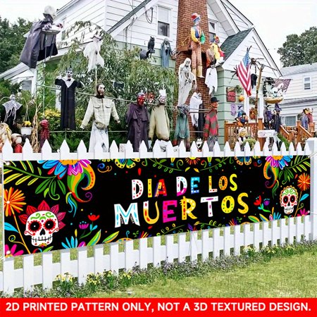 1 PC, 2D Flat/ Flat art decorative banner decoration, Day of the Dead skull design pattern, 78.8x17.7 inches (200x45cm), universal daily wall decoration, elegant daily front door decoration, party ba
