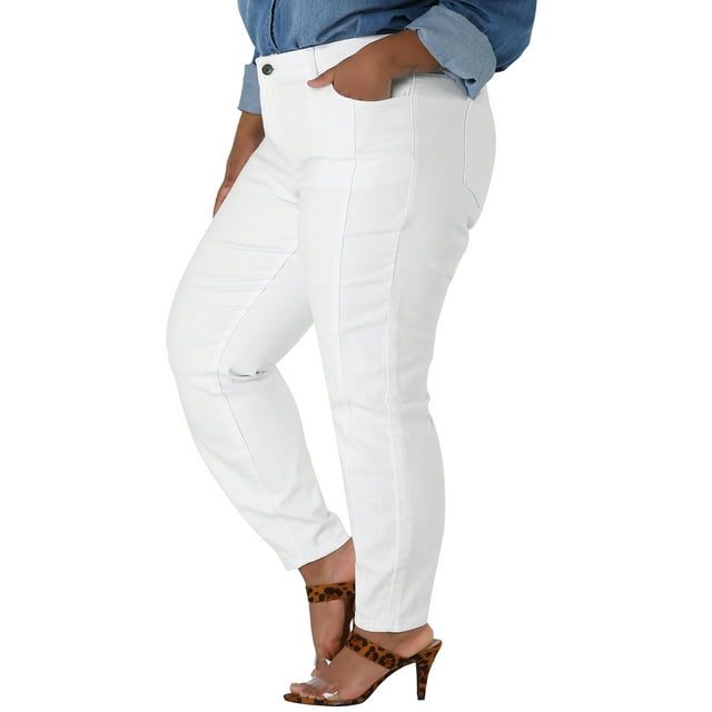 Jeans ajustados de mujer de tallas grandes GRACE & GRANDEUR, de tiro medio, elásticos, de mezclilla casual, leggings 1X blancos