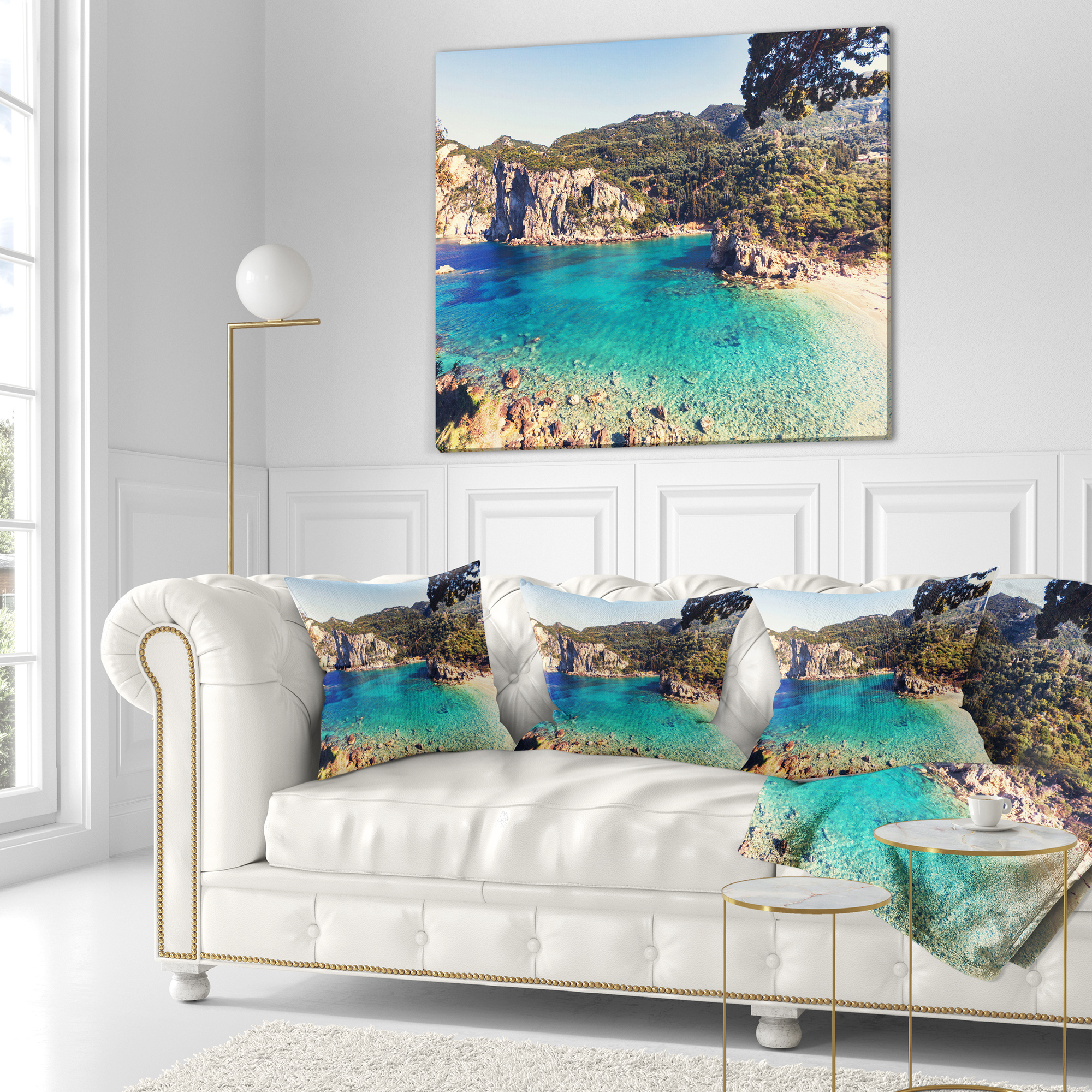 Designart Rocky Beach with Turquoise Water - Beach Photo Throw Pillow - 16x16
