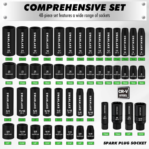 105-Piece 3/8" Drive Impact Socket Set, SAE (5/16 to 3/4 inch) and Metric (8-22mm) 6 Point CR-V Steel Socket Wrench Set, Extension Bars, Universal Joint, Ratchet Handle, Screwdriver Bit Mechanic Tool