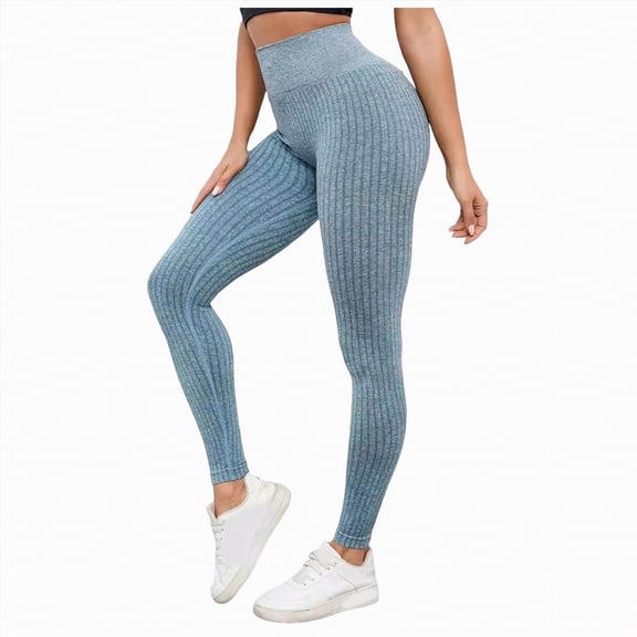 UngA Women Ribbed Knit Sports Yoga Leggings, Seamless High Waist Tummy Control Skinny Pants Scrunch Butt Lift Workout Leggings for Women Light Blue,L