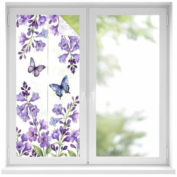 Purple Flowers Window Privacy Film, Butterfly Spring Floral Watercolor Farmhouse Static Cling UV Sun Blocking Heat Control Window Tint Day and Night, Non-Adhesive One Way Privacy Cover 17.7''x39.3''