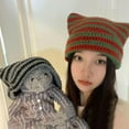 thumbnail image 2 of ZOELNIC Women Striped Knitted Crochet Hat Cat Ear Beanie Hat Winter Warm Slouchy Hat, 2 of 11