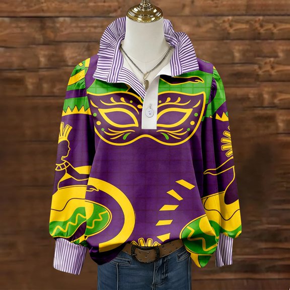 Mardi Gras Shirt Women Casual Long Sleeve Crewneck Sweatshirt Carnival Tees