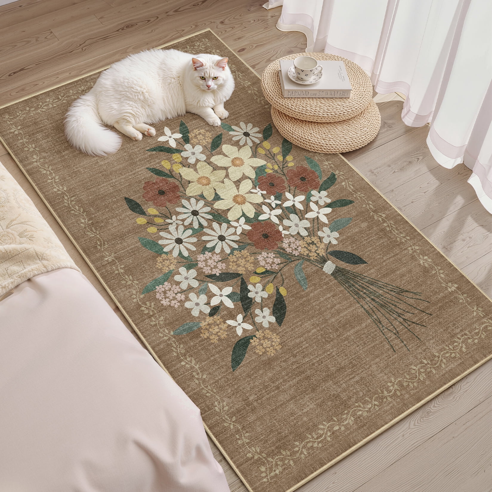 Toyoso 3x5 Machine Washable Area Rug - Floral Bouquet Printed Small Rug, Soft Polyester Non-Slip Bedroom Bedside Entryway Mat, Aesthetic Cottagecore Accent Carpet, Brown Floral