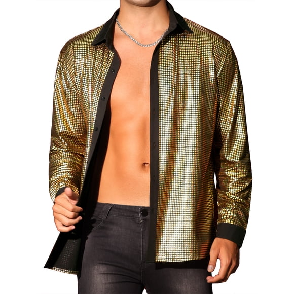Camisas de disco de los 70 para hombres, de manga larga, con botones, brillantes, para fiestas y promociones, camisa de lentejuelas de disco de los 70, XL dorada