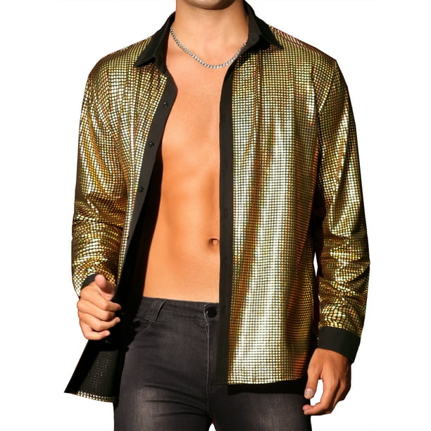 Camisas de disco de los años 70 inspiradas en el estilo chic para hombres, de manga larga, con botones, brillantes, para fiestas y promociones, camisa de lentejuelas de los años 70, color dorado