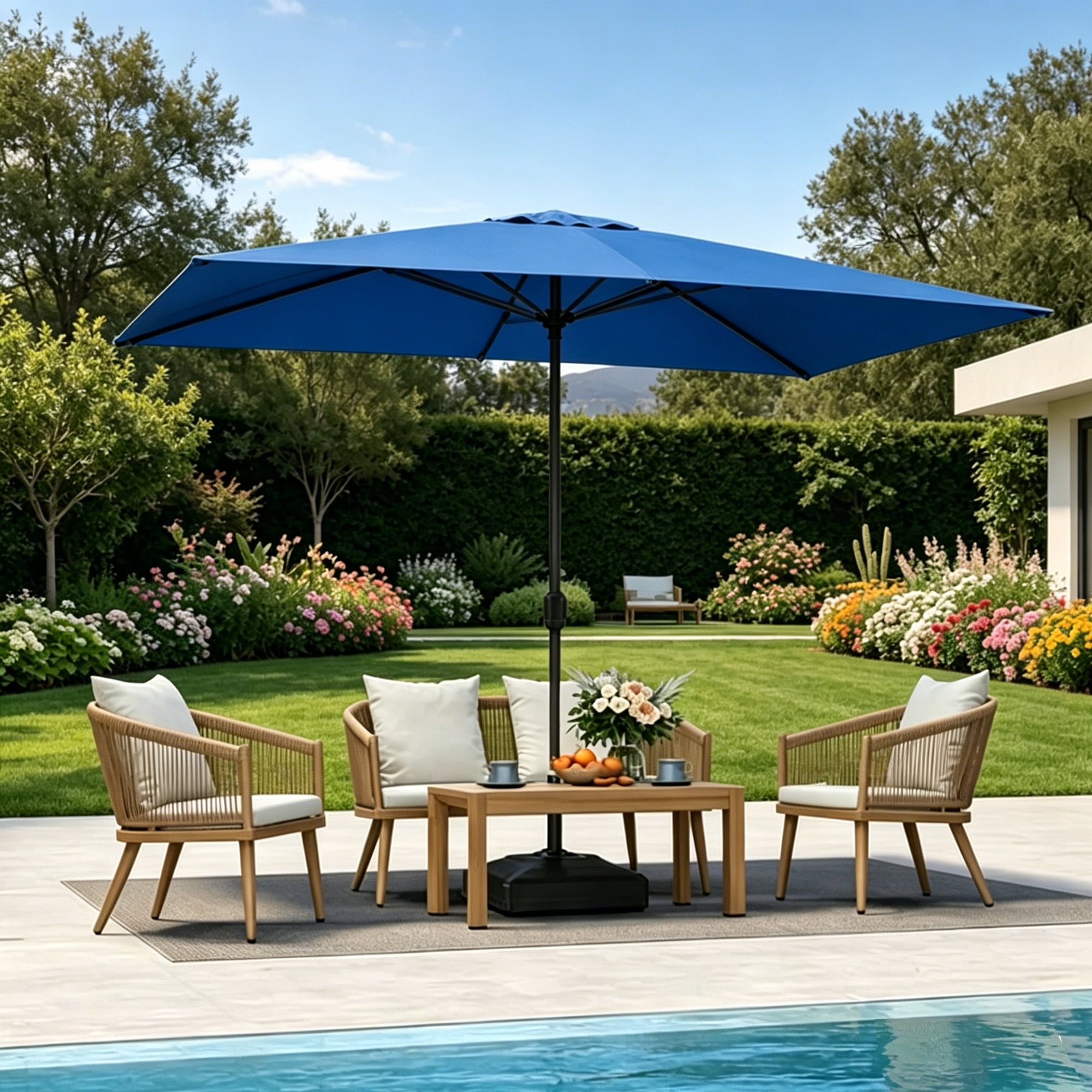 Kool 10x6.5ft Rectangular Patio Umbrella with Crank Handle, Outdoor Market Umbrella with 6 Sturdy Umbrella Ribs, Waterproof, Royal Blue