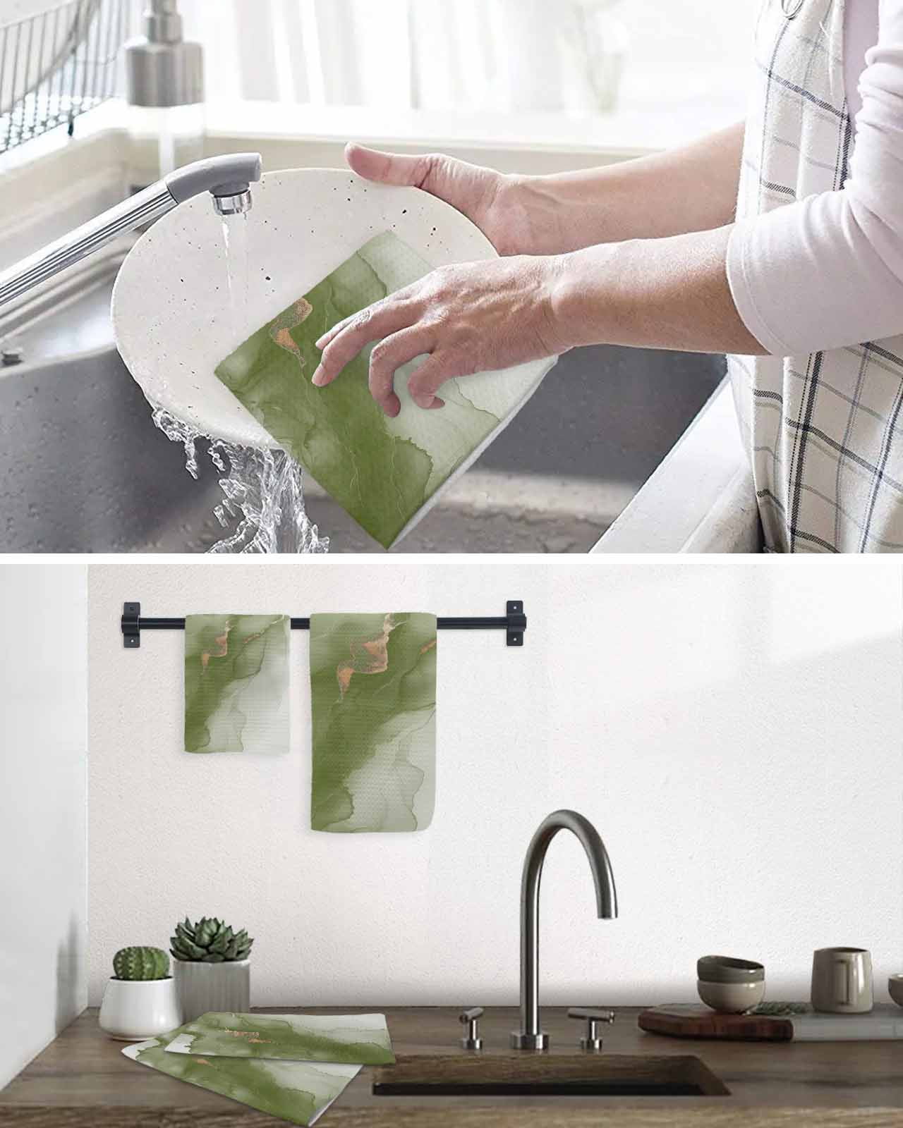 Sage Green Marble Kitchen Dish Towels for Drying Dishes Set of 4, Modern Ombre Abstract Ink Painting Art Waffle Weave Microfiber Hand Tea Bathroom Towels Quick Dry & Absorbent Towel 15.7x23.6