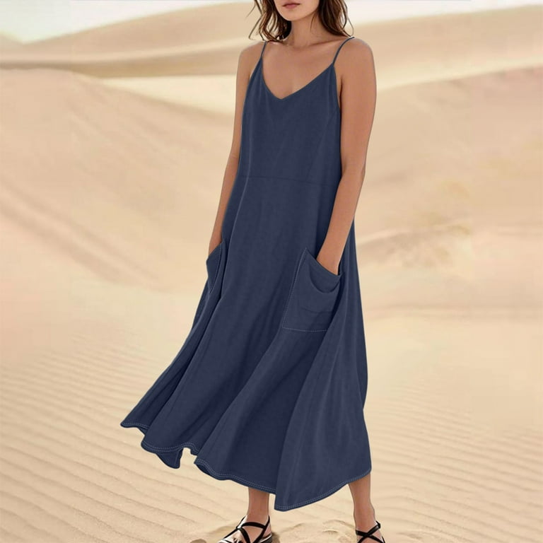 Maxi Dresses For Women 2025, Summer Sleeveless Casual Cotton Linen Tank  Dress Elegant Beach Wedding Guest Cocktail Party Dress Maxi With Pockets  Easter Church Dress Clothes (XXL, Navy) ZMTing - Walmart.com