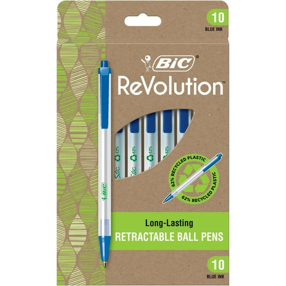 BIC® ReVolution Clic Stic Retractable Ball Pens, Medium Point, 1.0 mm, 62% Recycled, Semi-Clear Barrel, Blue Ink, Pack Of 10 Pens