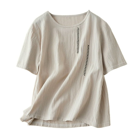 Yubnlvae Women's Vintage Embroidered Cotton T-Shirt – Oversized Round Neck, Casual Summer Tee Beige, L