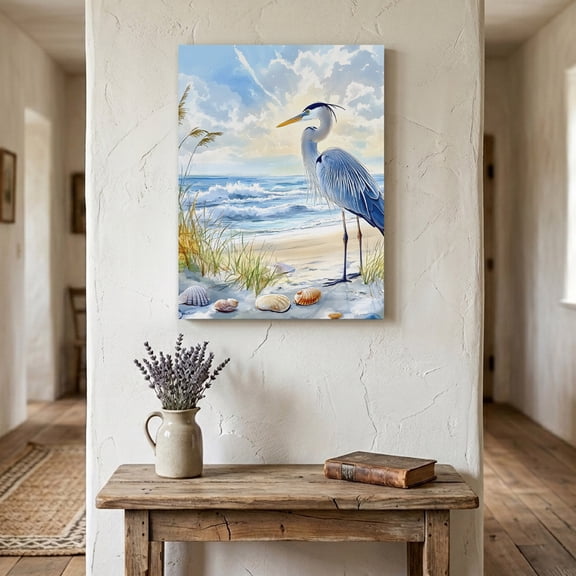 Ships Next Day Canvas Wall Art 24"x36", Coastal Birds Wood Framed Canvas Print Painting, Heron Seabird Tropical Beach Ready to Hang Large Picture Wall Decor for Home Bedroom Living Room Office