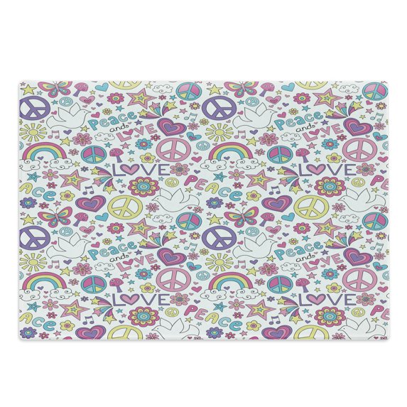 Hipster Cutting Board, Retros of Sixties Peace Magic Mushroom Love Stars and Hearts Hippie Music, Decorative Tempered Glass Cutting and Serving Board, Large Size, Multicolor, by Ambesonne