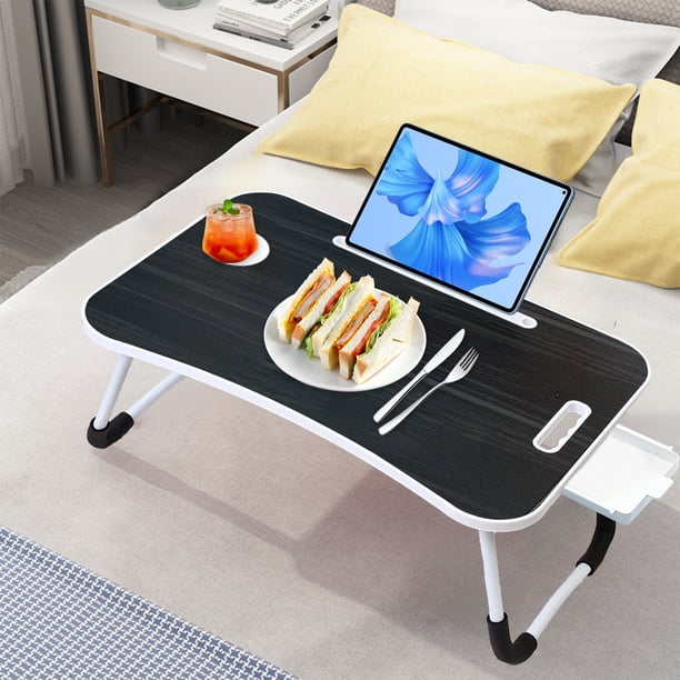 Escritorio plegable CLLC para portátil, de madera negra, con portavasos y asa, ideal para trabajar, leer, escribir, comer y ver películas en la cama, el sofá o el suelo (D, Negro).