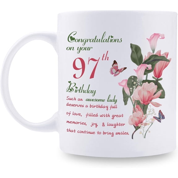 97th Birthday Gifts for Women - Congratulations on Your 97th Birthday Awesome Lady Mug - 97th Birthday Gifts for Grandma Mom Friend Sister Aunt Coworker - 11oz Coffee Mug