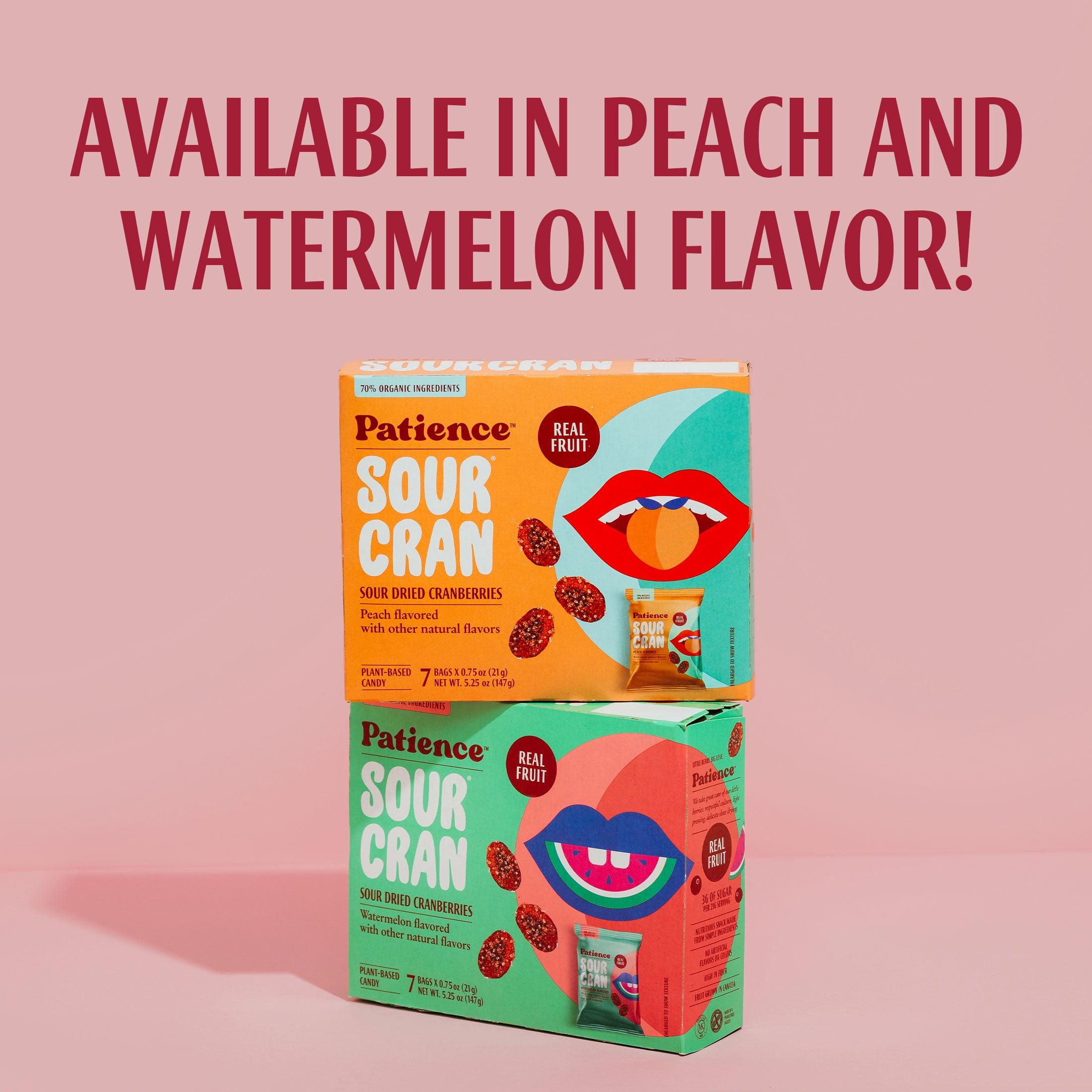 (2 pack) Patience SourCran Dried Cranberry Fruit Snack, Watermelon Flavor, 0.75 oz Pouch, 7 Count