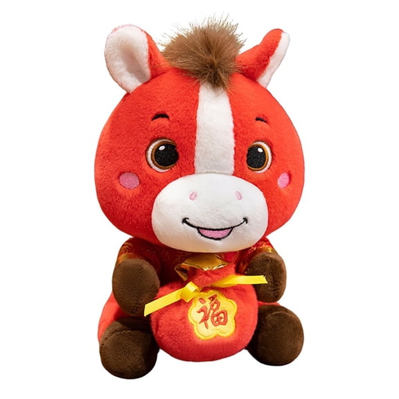 2026 Year of The Horse Plush Toy, Vibrant Red Horse Stuffed Animal in Tang Suit Holding "Fu" Fortune Pouch, Gift for Chinese New Year Home Decor Tabletop Display Doll, Small, 7.1"