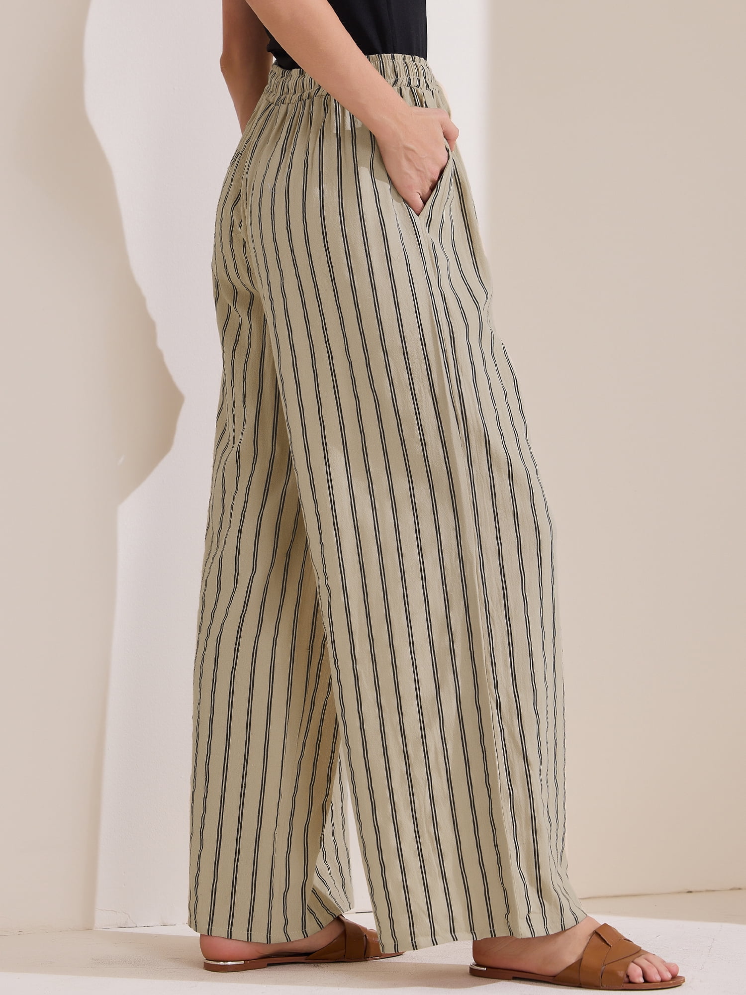 DARING DIVA Women's Stripe Casual Drawstring Wide Leg High Waist Pants XS Camel