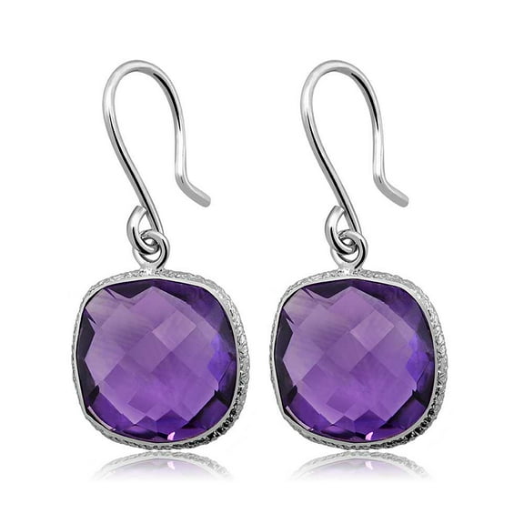 Gem Stone King 925 Sterling Silver Amethyst Dangle Women's Earrings (12.00 Cttw Gemstone Birthstone Cushion Checkerboard Cut 12MM)