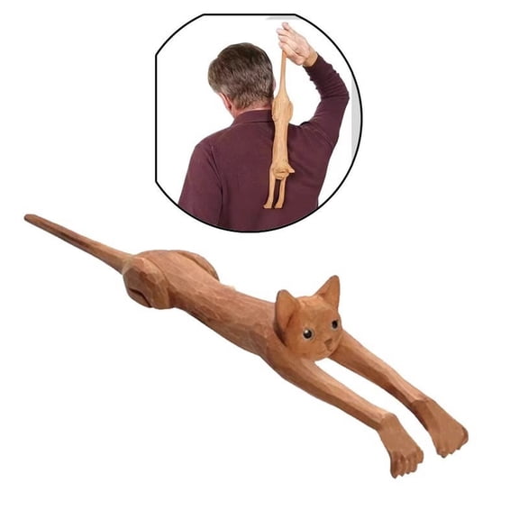 Cat Shaped Back Scratcher 17.7", Funny Handheld Back Scratcher,Wooden Long Handle Scratching Massager, Novelty Back Scratcher for Instant Relief, Gift for Women, Men, Parents, and Adults, Khaki