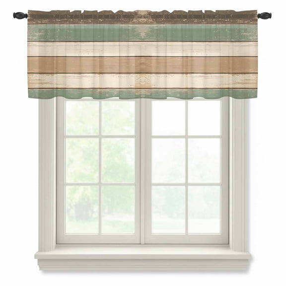 Farmhouse Sage Green Brown Valance Curtains for Kitchen/Living Room/Bathroom/Bedroom Window, Rod Pocket Small Topper Half Short Window Curtains Voile Sheer Scarf, Country Vintage Wooden 42"x18"