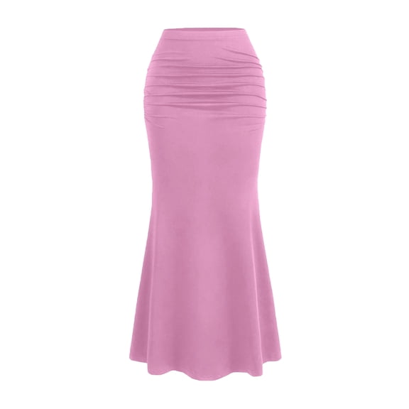 Women’s High Waist Ruched Mermaid Maxi Skirt Stretchy Slim Fit Long Skirt Flared Hem Elegant Simple Design Pink XS