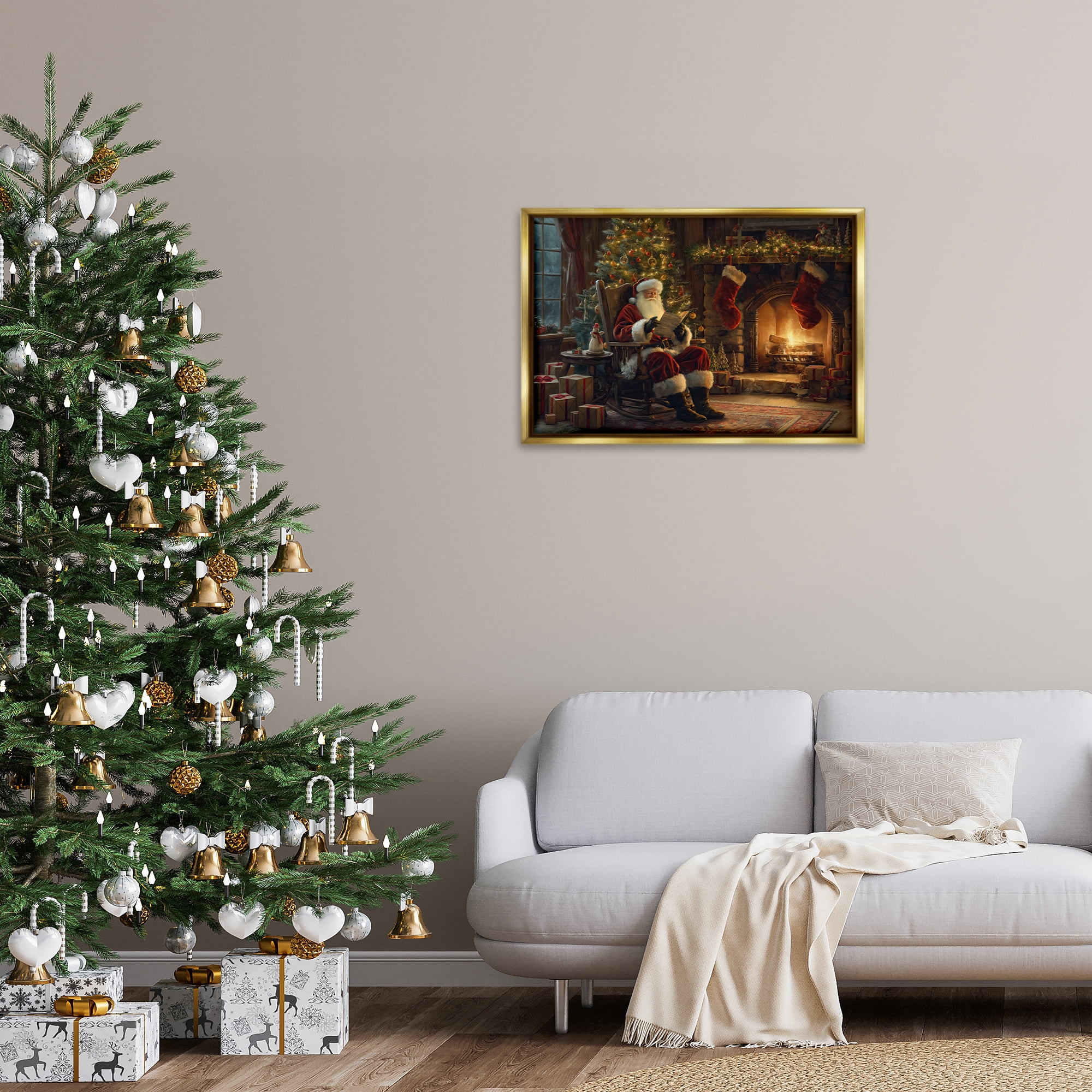 Stupell Industries Santa Claus by Fire Holiday Painting Gold Floater Framed Canvas Art Prints Wall Art, 31 x 21