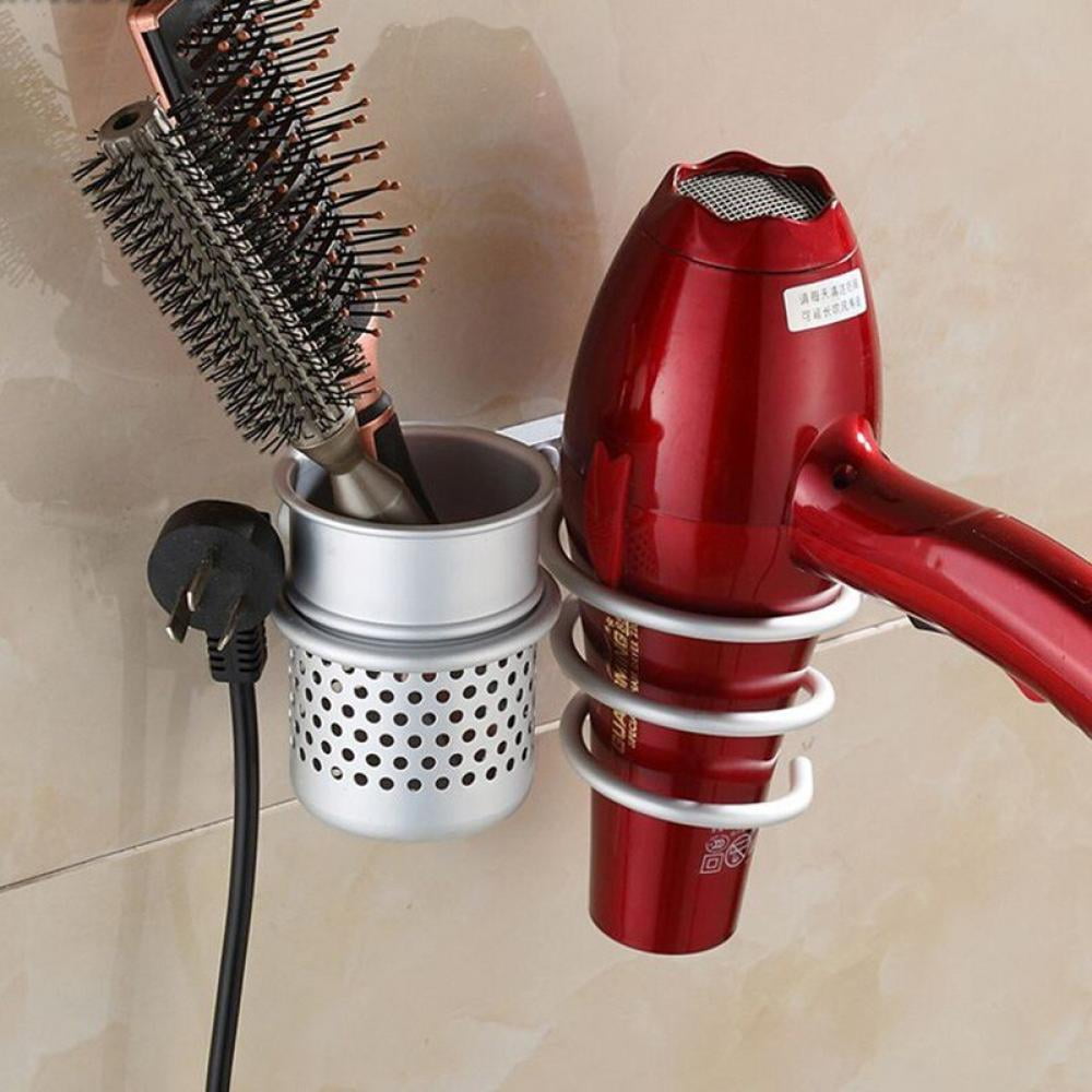 Alumimum Wall Hair Dryer Holder Rack Shelf Bathroom Storage Organizer with 2 Cup 