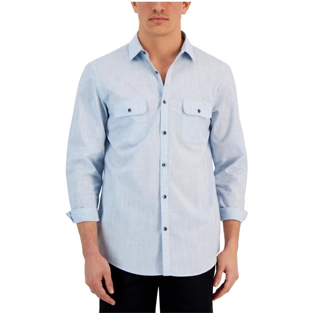 Alfani Mens Heathered Button Up Shirt, medblue, SMALL S/S Neck