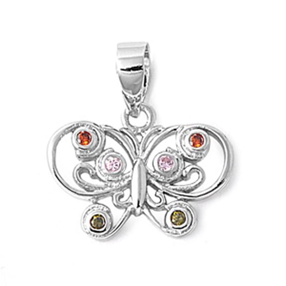 Swirl Multi Butterfly Pendant Simulated Garnet .925 Sterling Silver Charm Jewelry Female Unisex