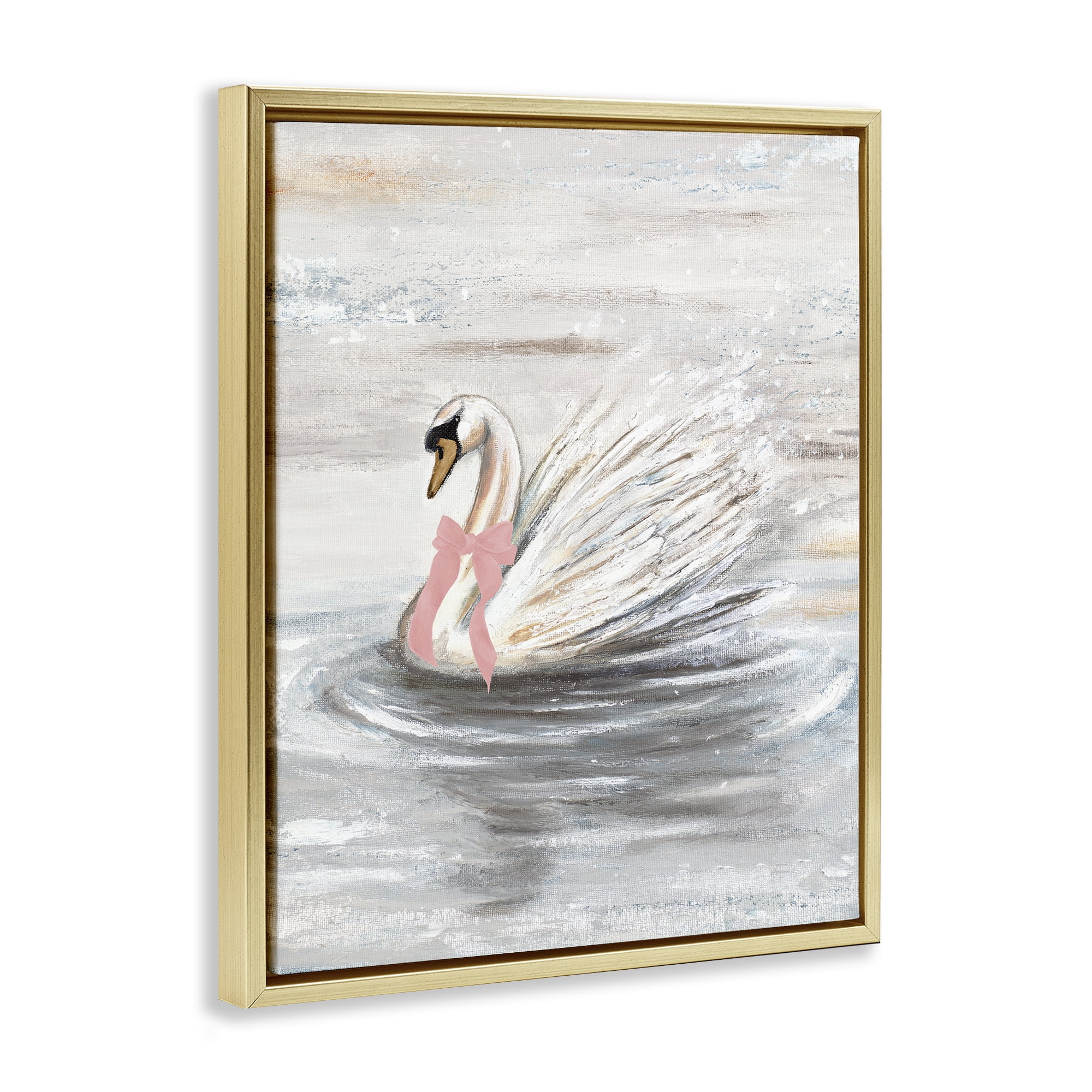 Stupell Industries Swan With Pink Bow & Ripples Gold Framed Floater Canvas Wall Art, design by Patricia Pinto
