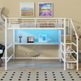 thumbnail image 3 of EUROCO Modern Metal Full Size Loft Bed with Wardrobe, Shelf and Desk with LED Light, Storage Staircase for Kids Teens, White, 3 of 14