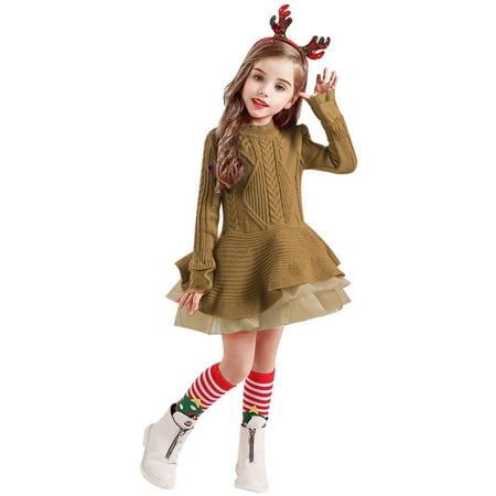 

TIREOW Breathable kids sweater Winter Toddler Baby Girls Crochet Christmas Elegant Beautiful Xmas Sweater Knit Dress+Hairband Outfits Comfortable Fashion Clothing(5-6 Years Khaki)