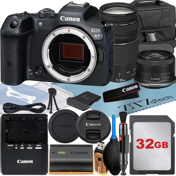 Canon EOS R7 Mirrorless Camera with RF-S 18-45mm + EF 75-300mm Lens + 32GB Memory Card + Case + ZeeTech Accessory Bundle