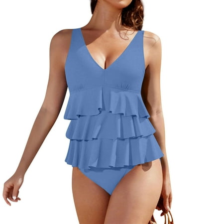 Biziza Basic One Piece Swimsuit for Women Blue Trendy Solid Color Ruffled Padded with Built in Bra 2025 Tummy Control Swimsuits Spandex Mock Turtleneck Ruffle Bathing Suits