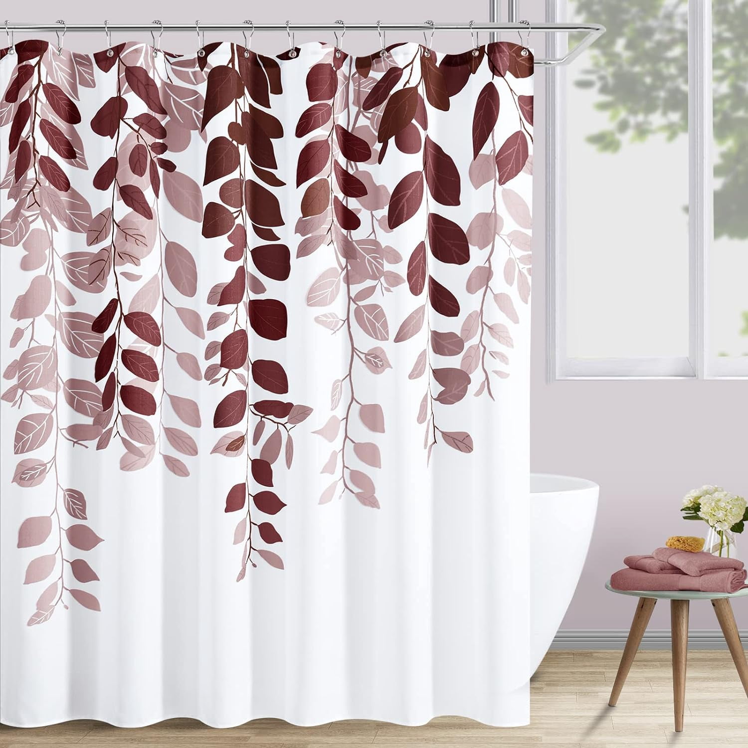 Dark Red Leaves Shower Curtain Set Burgundy Red Watercolor Eucalyptus Shower Curtain for Bathroom Botanical Nature Floral Plant Shower Bath Curtain Natural Bathroom Decor 72x72 inch