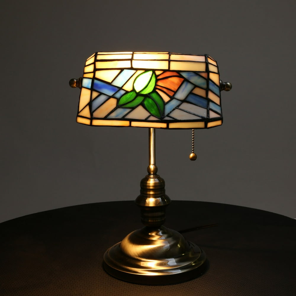 Table Lamp Antique Brass Style Stained Glass 14"H Renovator's Supply