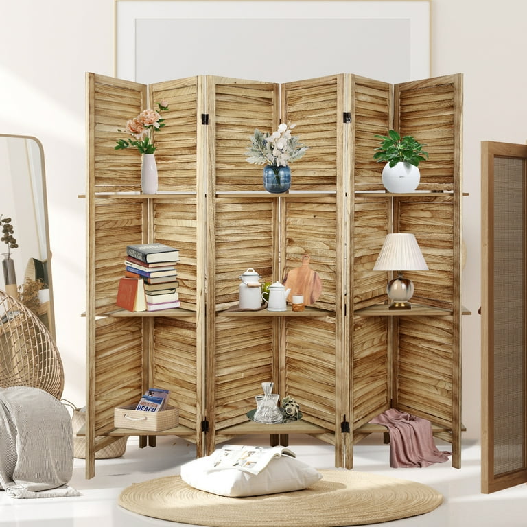 Hofitlead 6 Panel Room Divider with Shelves 5.6Ft Tall Room Dividers and Folding Privacy Screens Freestanding Wooden Nature