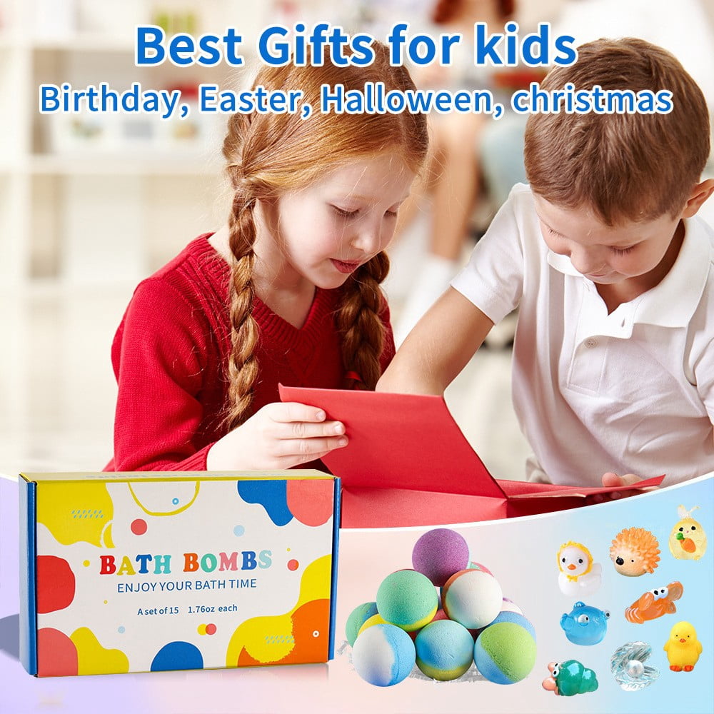 Uxgjfwu Natural Organic Kids Bath Bombs Set, Bath Fizzies with Fun Bath Toys, Gentle Skin Friendly Formula, Perfect Birthday Presents for Bath Time Fun