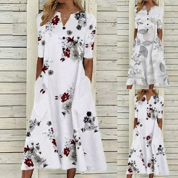 Azrian Summer Dresses,Dress Plus Size Women's Summer Casual V-Neck Short Sleeve Printed With Pocket Dresses