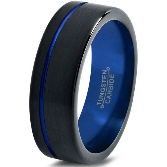 Tungsten Wedding Band Ring 6mm for Men Women Black Blue Off Set Line Pipe Cut Brushed Lifetime Guarantee