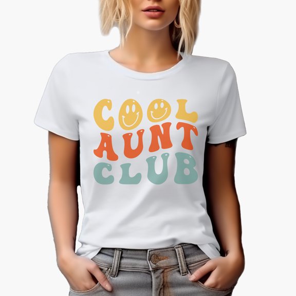 Cool Aunt Club, Auntie Themed, Groovy Retro Wavy Text Merch Gift, White T-Shirt, Small