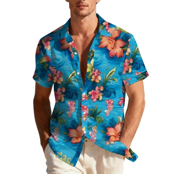 Giftesty Unisex Regular Fit Tropical Hawaiian Print Short Sleeve Button Down Collar Casual Camp Shirt